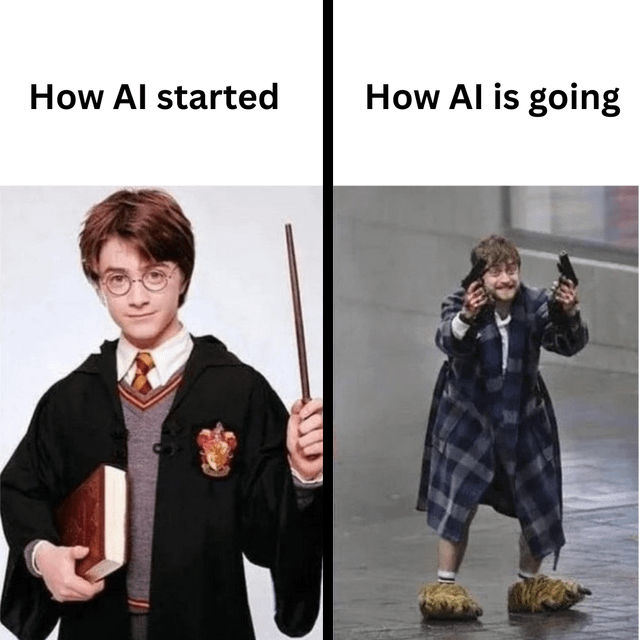 A two-panel comparison meme. Left panel: Captioned 'How AI started,' showing a young person in a Hogwarts school uniform (black robe with red and gold crest, gray sweater, striped tie) holding a brown wand in their right hand and a book in their left, standing upright with a neutral expression. Right panel: Captioned 'How AI is going,' showing the same person in a disheveled state, wearing a blue plaid robe, mismatched socks, and holding two handguns pointed forward, with a wild, chaotic expression. The meme humorously contrasts the perceived evolution of AI from a helpful, studious tool (represented by the wand and book) to a more threatening, unhinged force (represented by the guns and disarray).