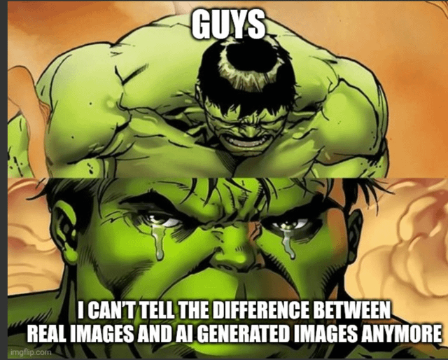 A two-panel meme featuring the Hulk from Marvel Comics. The top panel shows a close-up of the Hulk with an intense, frustrated expression and the text 'GUYS' in bold white letters. The bottom panel shows the Hulk with tears streaming down his face, looking sad and defeated, accompanied by the text 'I CAN'T TELL THE DIFFERENCE BETWEEN REAL IMAGES AND AI GENERATED IMAGES ANYMORE'. The background is a warm, orange-red gradient, typical of comic book action scenes. The meme humorously uses the Hulk's iconic emotional intensity to express relatable confusion about distinguishing real and AI-generated images in the age of advanced technology.