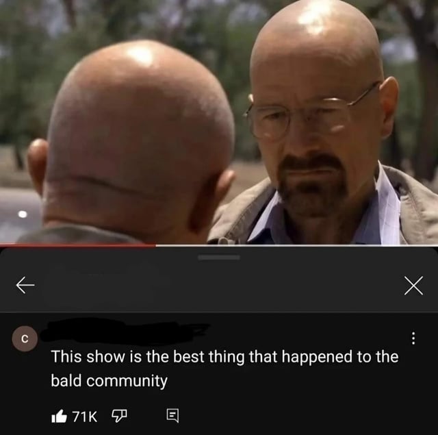 This meme combines a screenshot of a YouTube comment with a scene from the TV series Breaking Bad. The scene shows the iconic main character Walter White (who is famously bald) facing another completely bald man, with the back of the second man's head visible to the viewer, creating a shot of two bald men facing each other. Below the scene, a redacted YouTube comment reads: 'This show is the best thing that happened to the bald community'. The joke lightheartedly celebrates baldness, joking that having a wildly popular, iconic lead character who is bald is a major win for the shared 'bald community' of people who are bald. The humor comes from the relatable community joke and the perfect matching of the comment to the coincidentally thematically perfect scene from the show.