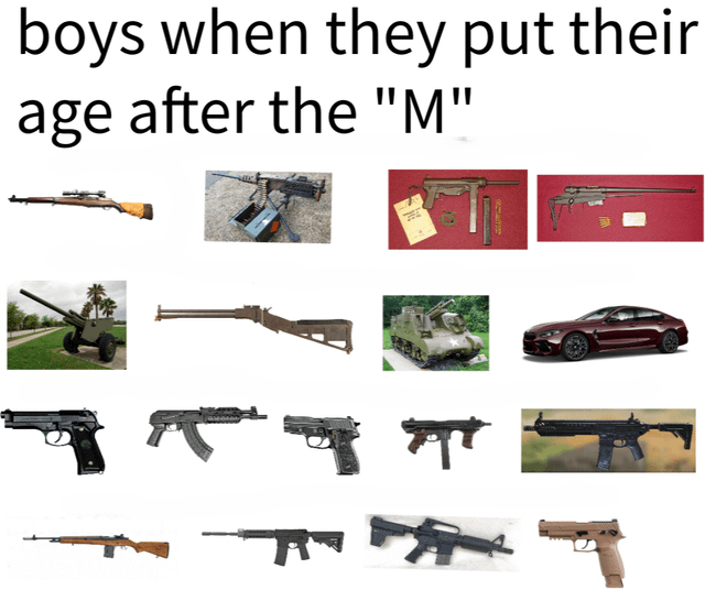 A meme featuring a grid layout of various weapons (including rifles, pistols, machine guns, a tank, and a cannon) alongside one red car. The top text reads 'boys when they put their age after the "M"', implying a humorous stereotype that boys associate the letter 'M' (likely standing for 'Military' or 'Weapon') with their age, showcasing an exaggerated interest in weapons.
