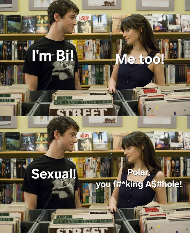 This is a two-panel meme using a scene from the 2009 romantic comedy *500 Days of Summer*, set in a record store with protagonists Tom Hansen and Summer Finn facing each other. In the first panel, Tom says 'I'm Bi!', and Summer replies smiling 'Me too!'. In the second panel, Tom finishes his line with 'Sexual!', while Summer reacts angrily, saying 'Polar, you f**king A$#hole!'. The humor comes from a pun on the prefix 'bi-': Tom intended to say he is bisexual, while Summer assumed he was referring to being bipolar, leading to her frustrated response after the misunderstanding is revealed.
