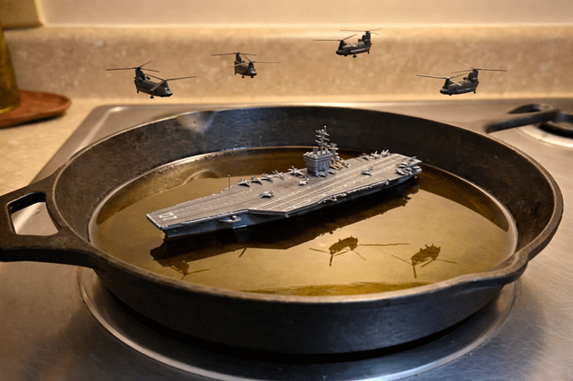 A humorous image depicting a frying pan on a stove filled with an excessive amount of oil, in which a small model of an aircraft carrier is floating. Four model helicopters are flying above the pan, creating an exaggerated scenario of 'spilling too much oil' that resembles a naval scene. The oil in the pan is so abundant that it mimics a body of water, with the carrier and helicopters amplifying the absurdity of the situation.