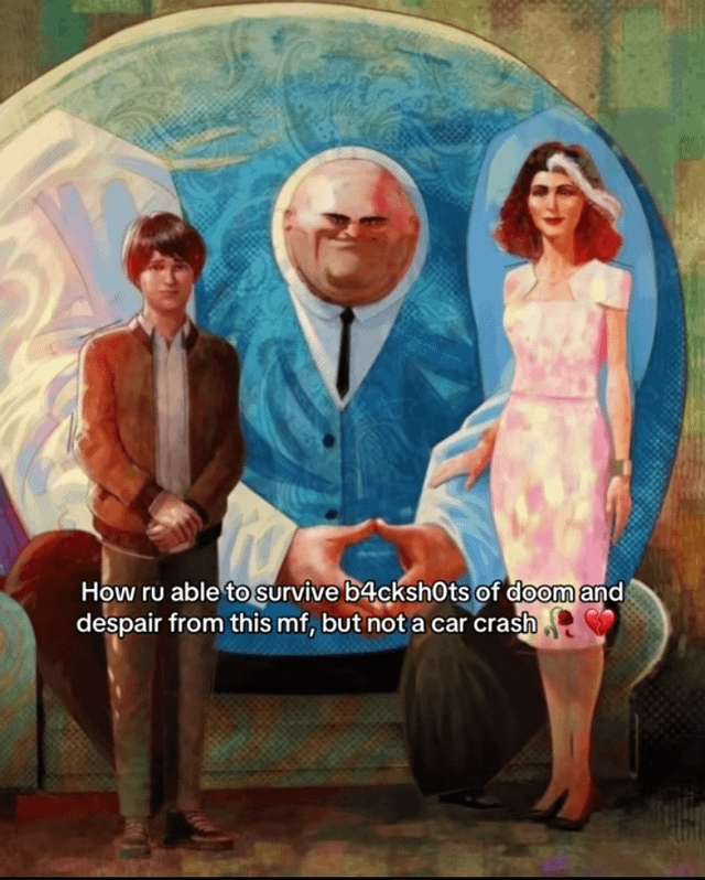 A digital illustration meme featuring three characters from 'The Umbrella Academy': a large central man (Sir Reginald Hargreeves) with a stern expression, a boy (Hargreeves sibling) standing left with clasped hands, and a woman (Grace Hargreeves) standing right with a calm smile. The background is a blue abstract circular pattern. Overlaid text reads: 'How ru able to survive b4cksh0ts of doom and despair from this mf, but not a car crash. 🌹❤️' The meme humorously questions the inconsistency of a character surviving severe emotional/physical hardship from the central figure yet perishing in a car crash.