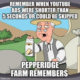 This meme uses the popular 'Pepperidge Farm Remembers' template from the animated series Family Guy, featuring the elderly Pepperidge Farm deliveryman character. The top overlaid text reads 'REMEMBER WHEN YOUTUBE ADS WERE SHORTER THAN 5 SECONDS OR COULD BE SKIPPED', with the iconic template line 'PEPPERIDGE FARM REMEMBERS' placed at the bottom. It nostalgically references the older, less intrusive ad experience on YouTube, contrasting it with the current longer, frequently unskippable ads that pressure users to purchase YouTube Premium, matching the original post title stating the creator refuses to pay for the premium service.