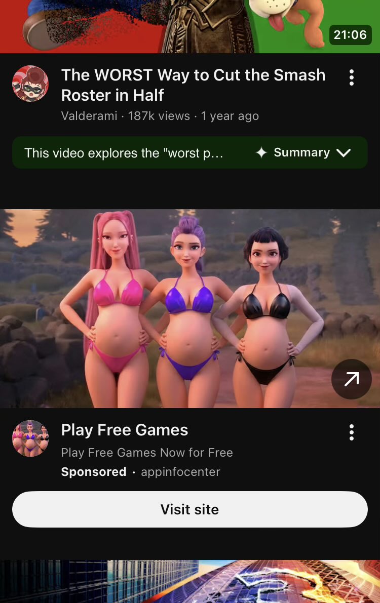 A screenshot of the YouTube interface featuring two main elements: a video titled 'The WORST Way to Cut the Smash Roster in Half' by Valderami with 187k views from 1 year ago, and a sponsored ad below it. The ad displays three animated women in bikinis (pink, purple, black) standing with hands on hips against an outdoor background, promoting 'Play Free Games Now for Free' by appinfocenter, with a 'Visit site' button. The image likely satirizes the quality or relevance of YouTube ads appearing alongside gaming content.