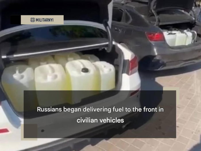 The image displays two parked civilian cars, one white and one dark gray, parked on paved ground with their rear trunks open. Each trunk is fully packed with large white plastic jerrycans filled with yellow liquid, identified as fuel by the overlaid text. White text over a dark semi-transparent box reads "Russians began delivering fuel to the front in civilian vehicles", referencing reports that military supply transport for frontline forces is being done using unmarked civilian vehicles, likely to avoid detection or targeting. The post uses the title "mom, what does that mean???" to frame the content as a confusing, unexpected, or shocking observation of unusual conflict-era logistics.