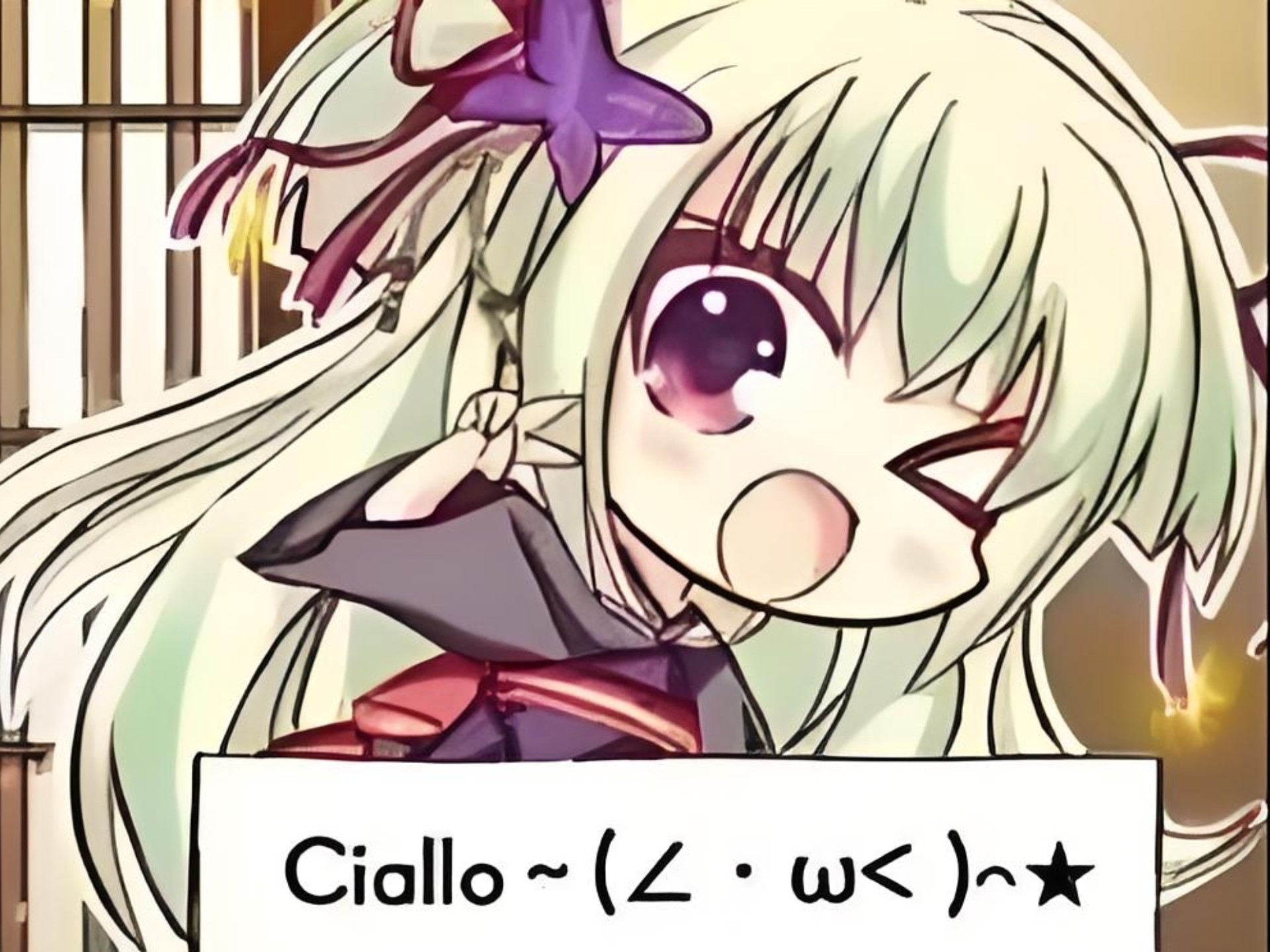 This image features a fan-made chibi-style illustration of Yoshino Tomotake, a character from the Yuzusoft visual novel *Senren Banka* (千恋*万花). The character has light green hair adorned with a purple star accessory, winks one eye, and holds a small branch aloft with an excited, open-mouthed expression. Below her, a text box displays the iconic ACG greeting 'Ciallo~(∠・ω< )⌒★'—a blend of Italian 'Ciao' and English 'Hello' originating from Yuzusoft's *Witch's Banquet*. This crossover meme celebrates the shared fanbase of Yuzusoft's visual novels, combining a beloved character with a widely recognized community catchphrase.