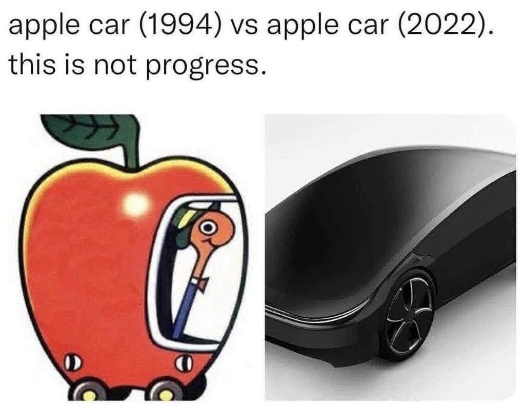 This is a two-panel side-by-side comparison meme. The left panel displays the whimsical, cartoon apple-shaped car from the 1990s children's franchise *The Busy World of Richard Scarry*, driven by the character Lowly Worm, with a bright red apple body, leaf stem on top, and small cartoon wheels. The right panel shows the sleek, minimalist, all-black 2022 concept render of the long-rumored Apple electric car, which has an extremely smooth, almost featureless rounded design. The text above the panels reads "apple car (1994) vs apple car (2022). this is not progress." The joke satirizes the lack of personality and overly simplistic minimalism common in modern Apple product design, framing the playful, creative 1994 cartoon apple car as superior to the boring, generic modern concept, implying product design has regressed rather than improved over time.