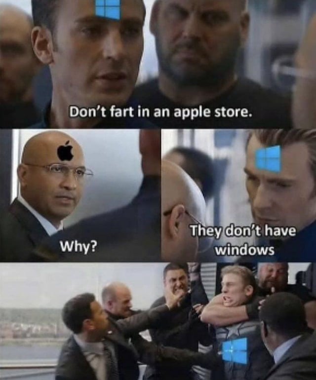 A multi-panel meme using edited film screenshots. Panel 1: Person with blue Windows logo on forehead says 'Don’t fart in an apple store.' Panel 2 (split): Left - Person with Apple logo asks 'Why?'; Right - Windows-logo person replies 'They don’t have windows.' Panel 3: Chaotic fight where Windows-logo person is restrained. Core joke: pun on 'windows' (OS vs. ventilation).