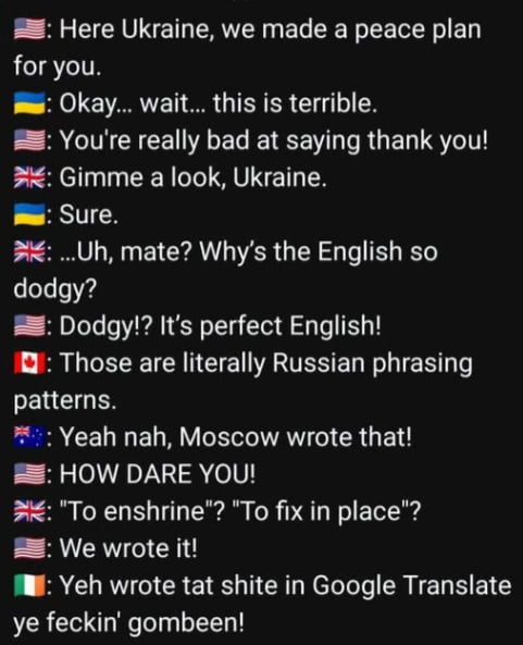 A text-based meme depicting a humorous dialogue between country flags (United States, Ukraine, United Kingdom, Canada, Australia, Ireland) regarding a poorly written peace plan. The United States presents the plan to Ukraine, who immediately criticizes its quality. The UK questions the 'dodgy' English, Canada identifies Russian phrasing patterns, Australia accuses Moscow of authorship, and Ireland mocks the use of Google Translate with slang. The conversation escalates with the US defending the plan, while others highlight its flaws, creating a sarcastic and comedic take on international diplomacy.