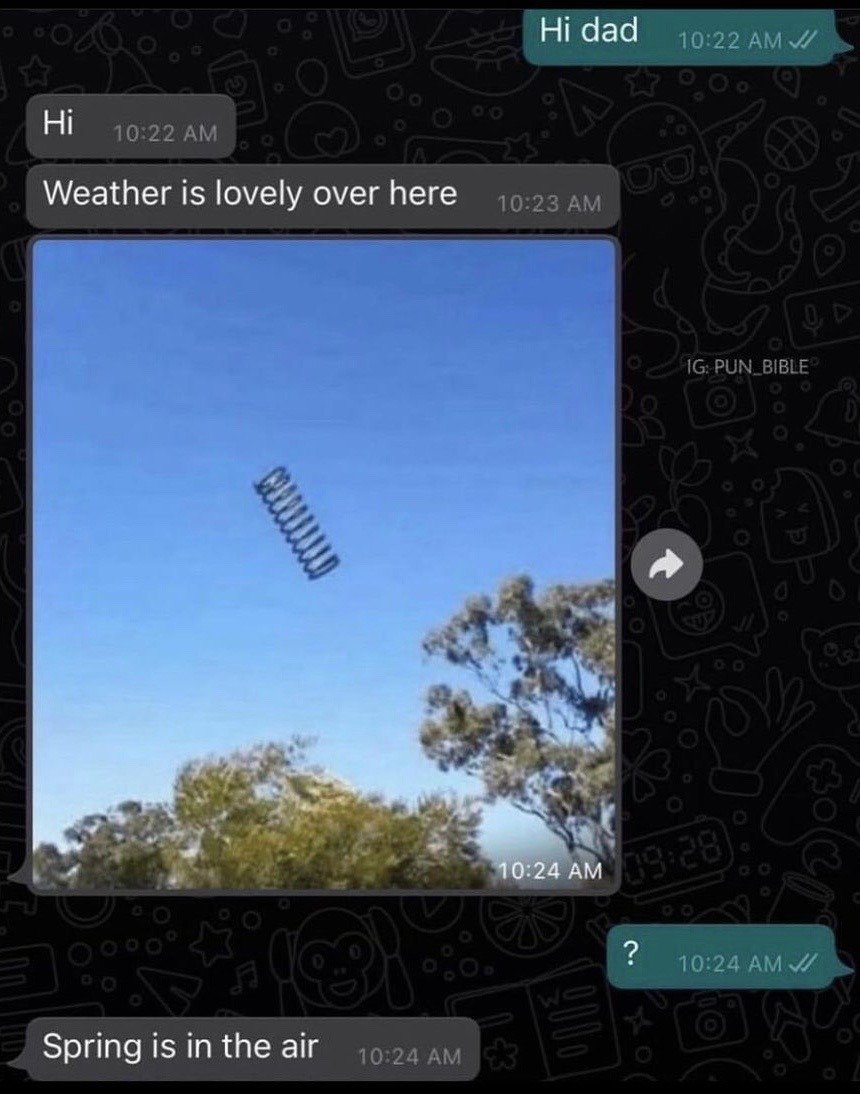 This image is a screenshot of a text message chat between a child and their dad. The conversation opens with the child sending 'Hi dad'. The dad replies first with 'Hi', then states 'Weather is lovely over here' before sending a photograph of a clear bright blue sky above treetops, with a metal coil spring visibly floating mid-air in the sky. The confused child replies with a question mark, and the dad delivers the pun punchline: 'Spring is in the air'. The joke is a double meaning pun: 'spring' refers both to the spring season associated with nice weather, and the physical metal spring object seen floating in the sky in the photo.