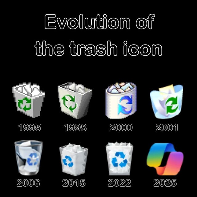 A meme-style image depicting the evolution of digital trash can icons from 1995 to 2025. The top text reads 'Evolution of the trash icon' in white font on a black background. Below, 8 icons are arranged in two rows of four, each labeled with a year: 1995, 1998, 2000, 2001 (top row) and 2006, 2015, 2022, 2025 (bottom row). The icons progress from pixelated, simple designs (1995: gray pixelated bin with green recycling symbol) to more modern, sleek, and colorful designs. The 2025 icon is abstract and gradient-colored, departing from traditional bin shapes, suggesting a hypothetical futuristic evolution.