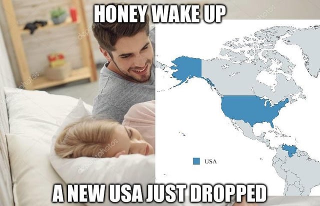 A meme featuring a bedroom scene with a man leaning over a sleeping woman. The top text reads 'HONEY WAKE UP' and the bottom text reads 'A NEW USA JUST DROPPED'. To the right of the couple is a map of the Americas where Venezuela is highlighted in blue alongside the contiguous United States and Alaska, labeled 'USA'. The image humorously suggests Venezuela has become the 51st state of the US, using the 'Honey wake up, a new X just dropped' meme template. The background includes a wooden shelf with small items, and the map is edited into the right side of the image.
