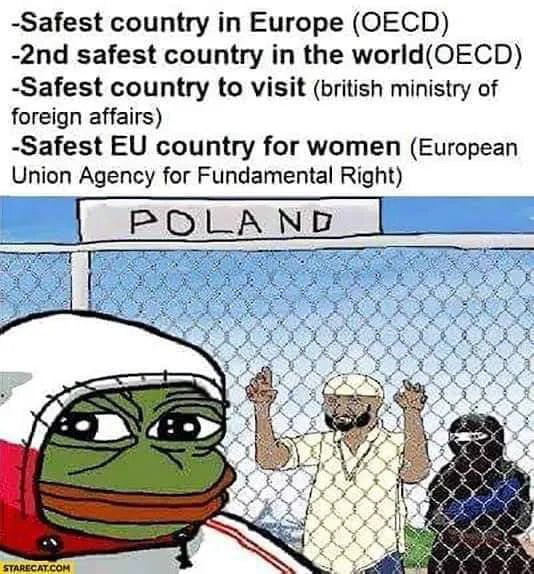 A meme featuring text claims about Poland's safety rankings, including 'Safest country in Europe (OECD)', '2nd safest country in the world (OECD)', 'Safest country to visit (British Ministry of Foreign Affairs)', and 'Safest EU country for women (European Union Agency for Fundamental Rights)'. Below the text, there is a sign reading 'POLAND' mounted on a chain-link fence. In the foreground, the meme character Pepe the Frog is depicted wearing a white helmet with a red stripe. Behind the fence, two animated figures are shown: one in a white shirt raising both hands, and another in a balaclava standing still. The image includes a watermark 'STARECAT.COM' in the bottom left corner.