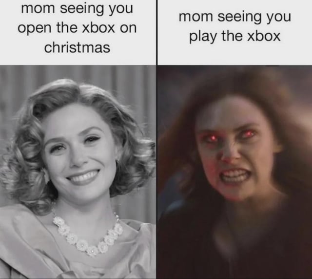 A two-panel meme contrasting a mother's reactions to an Xbox during Christmas. The left panel features a black-and-white image of a smiling woman with curly hair and a pearl necklace, accompanied by the text 'mom seeing you open the xbox on christmas.' The right panel shows a color image of a woman with intense red eyes and an angry expression, with the text 'mom seeing you play the xbox.' The meme humorously depicts the shift from joy at giving the gift to frustration at its use.