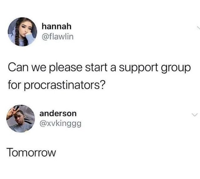 This image is a screenshot of two consecutive X (formerly Twitter) posts. The first post is from user hannah (@flawlin), who asks if people can start a support group for procrastinators. The second post is a reply from user anderson (@xvkinggg), who responds only with the word 'Tomorrow'. The humor comes from the perfect irony of the reply: procrastinators habitually put off all tasks, so even forming a support group to address their procrastination is something they would delay until a later date, making the joke extremely relatable to people who struggle with procrastination.