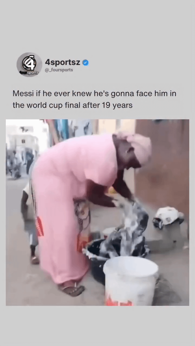 This meme features a social media post from sports account 4sportsz, with text above a short viral video clip that reads 'Messi if he ever knew he's gonna face him in the world cup final after 19 years'. The clip shows a Black woman in a pink long dress and light headscarf bending over outdoors, aggressively scrubbing a soapy piece of clothing in a washing bucket next to a plain white bucket. The clip is used as a humorous stand-in for Lionel Messi, implying he would be extremely overworked and shocked at the prospect of facing 17-year-old Spanish footballer Lamine Yamal (who is 19 years younger than Messi) in a future World Cup final, joking about the large age gap between the two star players.