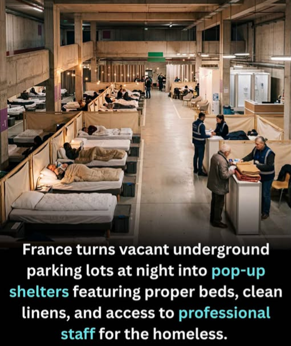 The image displays a large, repurposed underground parking facility operating as a temporary overnight shelter for unhoused people in France. Rows of separated cubicles holding properly made beds with clean linens line both sides of a wide central aisle. Multiple people are resting on the beds, while uniformed shelter staff stand at service counters interacting with visitors, distributing supplies, and providing support. Text overlaid at the bottom of the image explains that these pop-up shelters also give homeless guests access to professional support staff alongside accommodation.