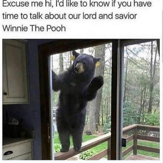 This meme is a humorous parody of Jehovah's Witness proselytization. The top text reads: *Excuse me hi, I'd like to know if you have time to talk about our lord and savior Winnie The Pooh*, paired with an image of a real black bear standing upright, front paws resting on a home's sliding glass door. The joke relies on a visual gag and wordplay: the bear's silhouette evokes the shape of the beloved children's character Winnie the Pooh, while the text frames the bear as an unexpected proselytizer, subverting the serious tone of religious door-to-door outreach with absurd, silly humor. The bear has yellow ear tags, confirming it's a real wild animal, not an animated character, which amplifies the absurdity of the joke.
