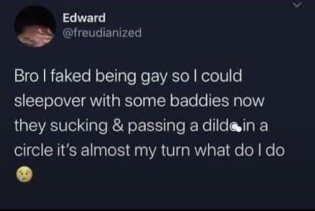 This meme is a screenshot of a public social media post from user Edward, with the handle @freudianized. The post describes a farcical, ironic situation: the poster claims he lied about being gay to get invited to a sleepover with attractive women, only to find the group is participating in an activity where they suck and pass a dildo in a circle, and his turn is coming up. He ends the post asking for advice, paired with a nervous sweating emoji to emphasize his panic. The core joke comes from the complete, unexpected backfire of the poster's deceptive plan.