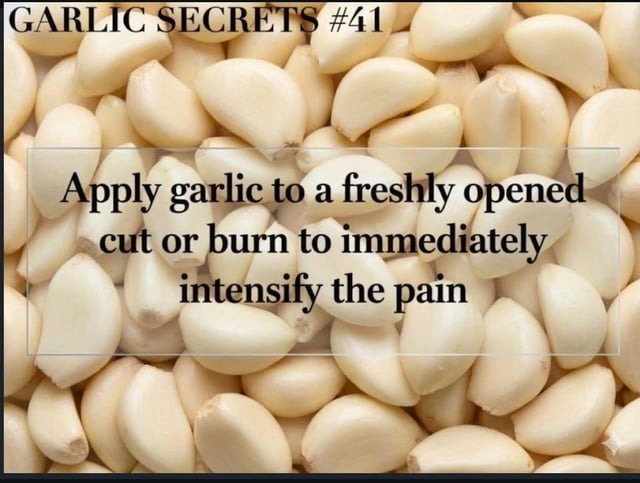 The image uses a background filled with peeled garlic cloves, formatted to look like a genuine life hack or home remedy tip post. It opens with the heading 'GARLIC SECRETS #41', leading viewers to expect a useful tip related to garlic. The punchline comes in the main body text, which deliberately gives bad, harmful advice stating that applying garlic to a fresh cut or burn will immediately intensify pain, subverting the expected helpful tip for comedic effect.