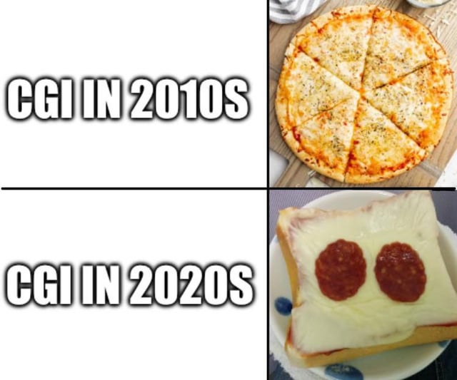 A 2x2 grid meme comparing CGI quality between the 2010s and 2020s using pizza as a metaphor. The top-left quadrant contains bold white text 'CGI IN 2010S' on a plain white background, paired with a top-right image of a well-made, golden-brown cheese pizza with evenly distributed seasoning and multiple slices, representing high-quality, polished CGI. The bottom-left quadrant has bold white text 'CGI IN 2020S' on a plain white background, paired with a bottom-right image of a low-effort 'pizza'—a slice of bread with melted cheese and only two small, uneven blobs of tomato sauce—symbolizing a decline in CGI quality, appearing lazy or rushed. The humor lies in the satirical implication that 2020s CGI has regressed to a simplistic, low-effort state, analogous to the poorly made 'pizza'