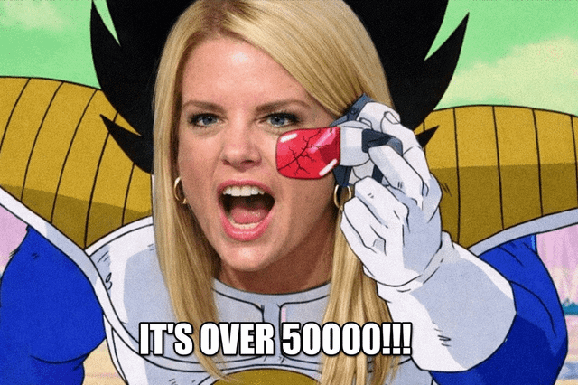 This is a remixed composite meme that combines the body of Vegeta from the anime *Dragon Ball Z* (wearing his signature Saiyan battle armor) with the face of a real woman displaying an intense, shocked yelling expression. She holds a cracked red-tinted Saiyan scouter (the power-level scanning device from the series) up to her eye. At the bottom of the image, the text reads **IT'S OVER 50000!!!**, an exaggerated twist on the iconic line "It's Over 9000!" from the original *Dragon Ball Z* scene. The visual joke comes from the absurd face swap, the amplified power level number (taking the original meme's over-the-top reaction to an even more ridiculous extreme), and the juxtaposition of a real human's dramatic expression with an anime character's body and context.