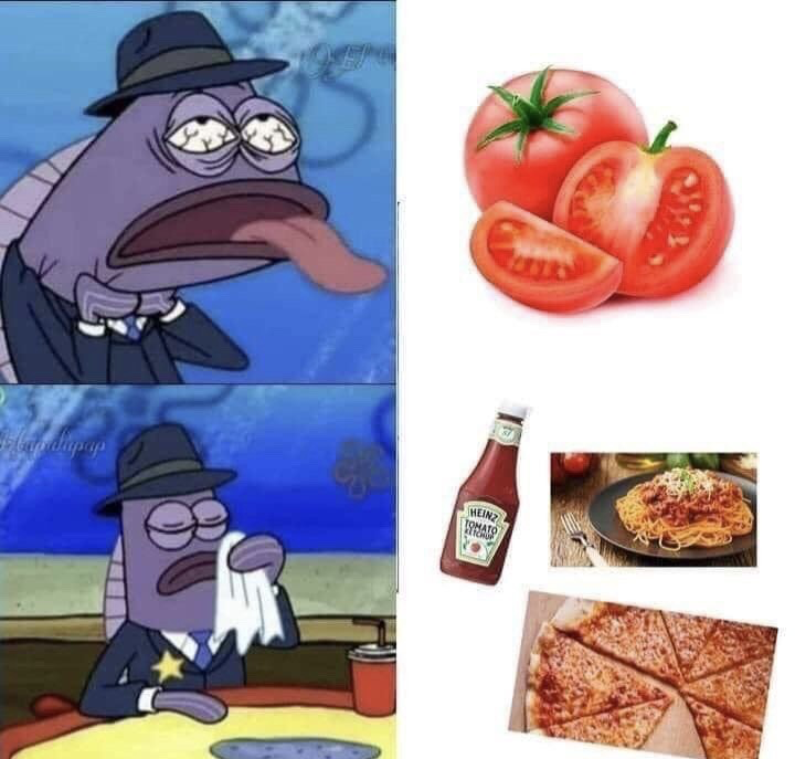 This is a two-panel reaction meme. The left side features the purple police detective fish character from the animated series SpongeBob SquarePants. In the top left panel, the fish appears exhausted and distressed, with bloodshot eyes and its tongue hanging out, paired with an image of fresh whole and sliced tomatoes on the top right. In the bottom left panel, the fish is sadly wiping tears from its eyes with a handkerchief, while the right side now displays common processed tomato-based products: a bottle of Heinz tomato ketchup, a plate of spaghetti bolognese, and a sliced cheese pizza. The humor stems from the character's overly dramatic, grief-stricken reaction to tomatoes being turned into everyday food items, framing the transformation as a tragic loss.