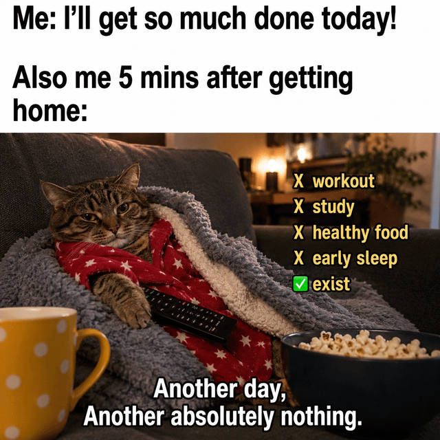This relatable humor meme depicts the common experience of failing to meet personal productivity goals after arriving home. The top text shows the creator's initial optimistic plan: "Me: I'll get so much done today!". It then cuts to "Also me 5 mins after getting home:" above an image of a tabby cat lounging lazily on a grey couch, wrapped in a red star-patterned jacket and fluffy grey blanket, resting a paw on a TV remote, with a yellow polka dot mug and bowl of popcorn within reach. To the right of the cat, a checklist marks all intended productive tasks: workout, study, healthy food, and early sleep, all failed with X marks, while only "exist" is checked as completed. The bottom text reads "Another day, Another absolutely nothing." to emphasize the total lack of achieved plans.