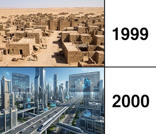 This is a two-panel comparison meme poking fun at exaggerated public perception of technological progress at the turn of the millennium. The top panel depicts a humble, traditional mud-brick desert town with camels wandering its dirt paths, labeled '1999'. The bottom panel shows a hyper-futuristic, sci-fi style metropolis with towering glass skyscrapers, holographic AI interface overlays, elevated high-speed train lines, and multi-layer highways, labeled '2000'. The joke highlights how many people retroactively misremember or joke about the turn of the year 2000 as an overnight, radical shift from primitive to far-flung futuristic technology, when real world progress was far more gradual.
