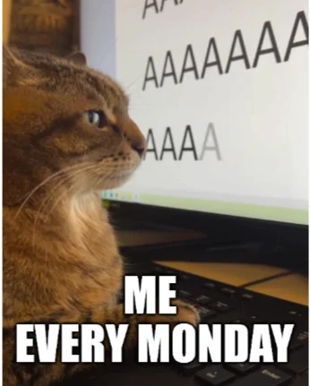 The image features a brown tabby cat sitting in front of a computer keyboard, looking at the screen with a slightly annoyed or unimpressed expression. The computer screen displays repeated 'AAAAA' text, likely representing frustration or screaming. At the bottom of the image, there's a bold white caption: 'ME EVERY MONDAY', humorously comparing the cat's reaction to the feeling of starting the workweek on Monday.