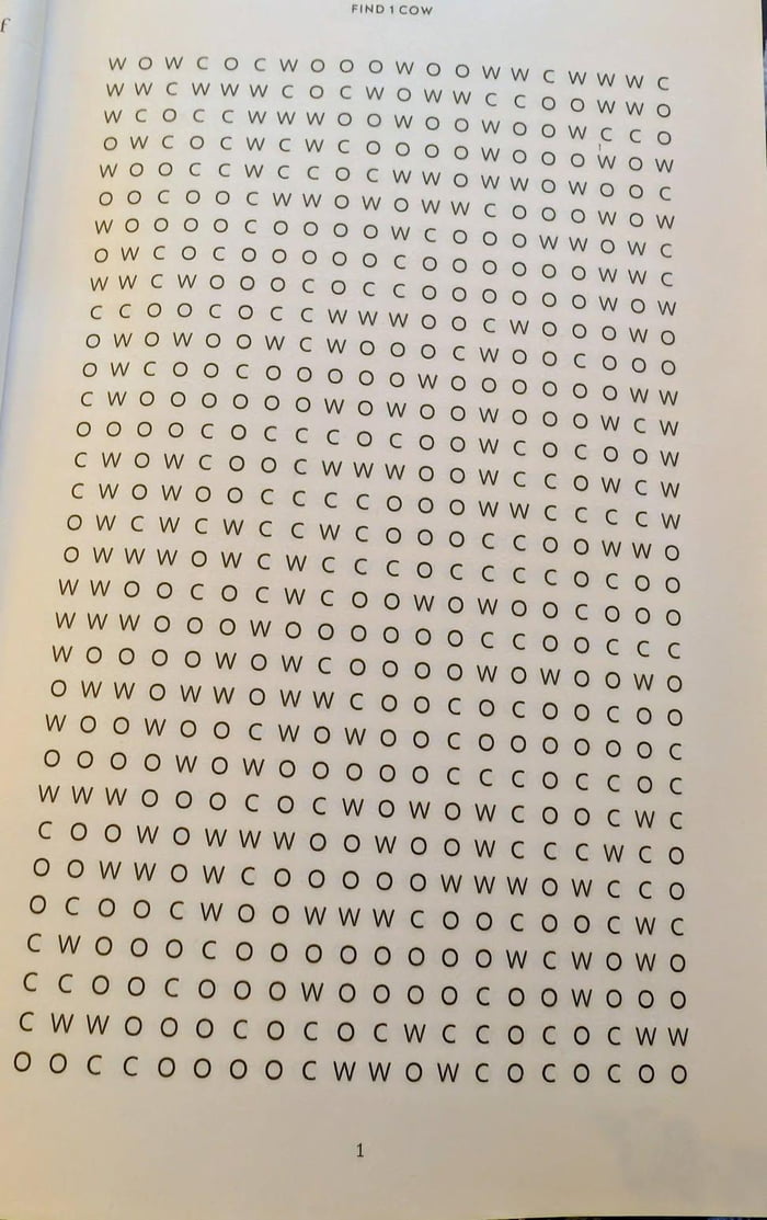 This image shows page 1 of the word search book named "20,000 Cows". The page features a large grid filled exclusively with the letters C, O, and W, with the instruction "FIND 1 COW" printed at the top of the page and the page number "1" at the bottom. The book's gimmick is that the only word players need to find across all its pages is COW, which makes this seemingly simple task surprisingly tedious and infuriating, as the repeated C, O, W letters make the single correct sequence of COW very difficult to locate quickly.