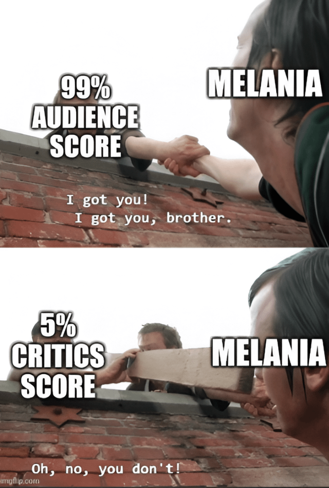 A two-panel meme contrasting audience and critics scores. The top panel shows a person on a brick wall reaching down to help another, with text '99% AUDIENCE SCORE' and 'MELANIA' above, and dialogue 'I got you! I got you, brother.' The bottom panel, using the same base scene, shows a different person hitting the recipient with a wooden plank, with text '5% CRITICS SCORE' and 'MELANIA' above, and dialogue 'Oh, no, you don't!' The meme humorously highlights a large gap between high audience approval and low critical reception, likely referencing Melania Trump.