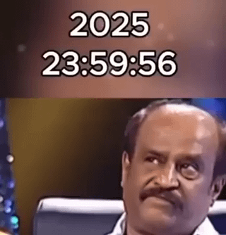 The image is a meme composed of two sections: the top section displays the text '2025 23:59:56', likely referencing one minute before midnight on New Year's Eve 2025, and the bottom section features a real man with a mustache sitting and looking to the side with an unimpressed or disappointed expression. The humor stems from the contrast between the anticipated excitement of the new year (implied by the timestamp) and the character's underwhelming reaction, humorously depicting the feeling of excitement fading quickly.