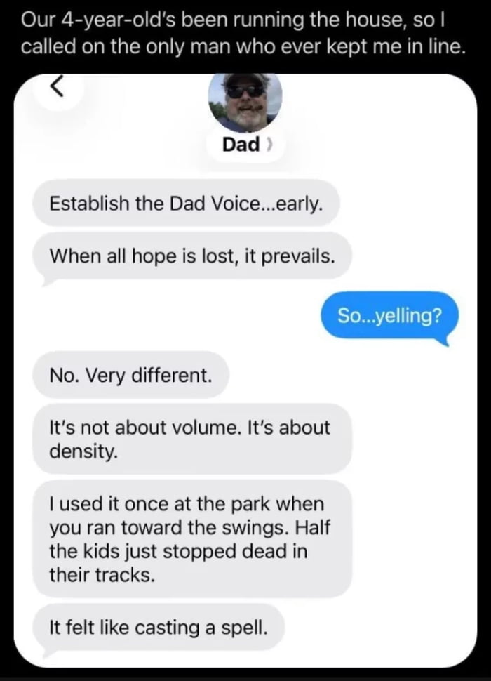 This is a screenshot of a text conversation between a new parent (original poster) and his own father. The poster explains his 4-year-old is running amok around the house, so he reached out to his dad, the only person who ever successfully kept him in line as a kid, for advice. The dad introduces the concept of the "Dad Voice", explaining it is not yelling: it is a quiet, dense, authoritative tone that stops bad behavior in its tracks. He shares an anecdote from when the poster was a little kid at the park: when he used the dad voice, half the playing kids stopped moving immediately, and he says the effect felt just like casting a powerful magic spell. The meme jokes about the universally recognizable, almost supernatural effectiveness of a dad's firm quiet voice.