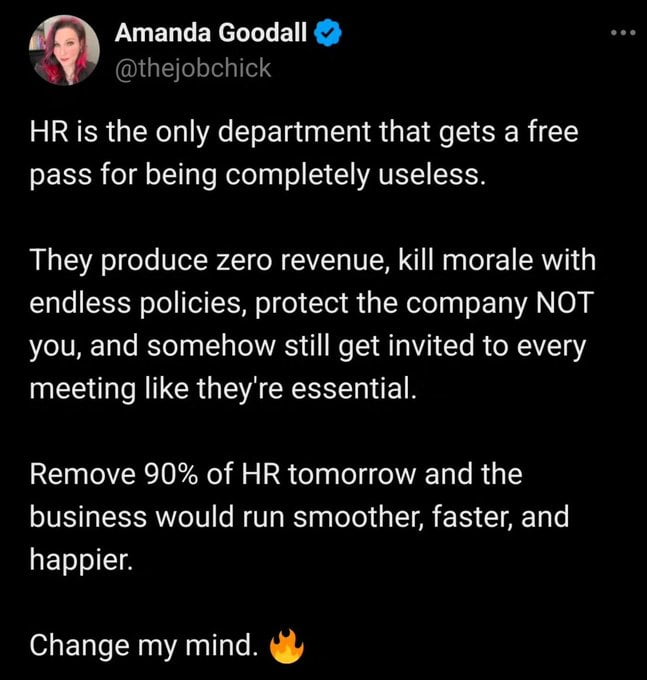 This image is a screenshot of a verified public post from X (formerly Twitter) that was reposted as a meme on 9Gag under the title 'Controversial opinion'. The post, authored by Amanda Goodall (@thejobchick), puts forward a polarizing take on corporate Human Resources (HR) departments: it argues HR is the only department that faces no consequences for being entirely unproductive, generates zero revenue, damages employee morale with excessive restrictive policies, prioritizes protecting the company over employee interests, is unnecessarily included in all work meetings as if it is a core essential department, and claims that cutting 90% of HR staff immediately would make businesses operate more smoothly, faster, and with higher employee satisfaction. The post ends with a 'Change my mind' prompt paired with a fire emoji, inviting other users to present counterarguments to the stated opinion.