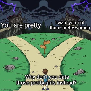 An illustration meme featuring a dark, stormy sky with purple lightning bolts and a distant castle silhouette. The foreground shows a grassy area with a dirt fork in the road; the left path is labeled 'You are pretty' and the right path is labeled 'I want you, not those pretty women'. At the bottom of the image, additional text reads 'Why don't you date those pretty girls instead?'. A character with brown hair stands facing the fork, appearing contemplative. The scene uses a simple, colorful illustration style typical of internet memes.
