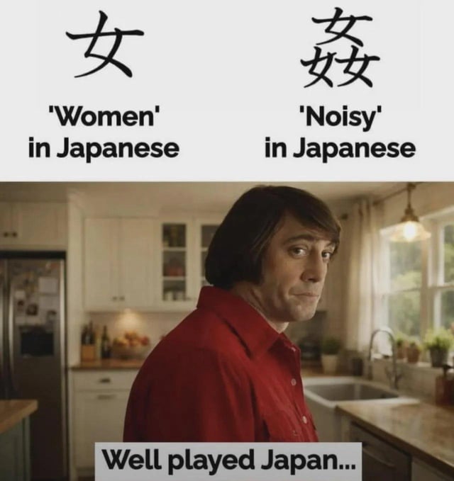 The meme is split into two sections. The top section shows two kanji characters with English translations: the left displays the kanji "女" labelled as 'Women' in Japanese, while the right displays the kanji "姦" (made up of three instances of the "女" character) labelled as 'Noisy' in Japanese. The lower section features a reaction screenshot of actor Javier Bardem as Anton Chigurh from the film *No Country for Old Men*, standing in a residential kitchen and looking over his shoulder with a deadpan, knowingly amused expression. Text at the very bottom reads "Well played Japan...". The humor comes from the visual pun of the kanji composition, leaning into an outdated misogynistic stereotype that groups of women are noisy, with the reaction image conveying playful implied agreement with the linguistic joke.