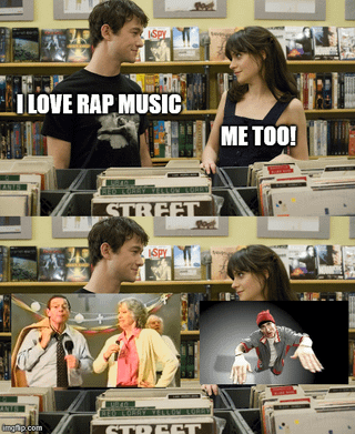 A two-panel meme. Top panel: A man and woman standing in a store aisle with shelves of books or media in the background. The man, wearing a black shirt, says 'I LOVE RAP MUSIC' in white text, and the woman responds 'ME TOO!' in white text. Bottom panel: Split into two sub-panels. Left sub-panel shows two men: one in a suit holding a microphone, and another in a yellow sweater, appearing to be in an interview or talk show setting. Right sub-panel features an animated red-haired character with a menacing expression, possibly from a video game or animated series. The meme humorously implies a misunderstanding about the term 'rap music'—likely contrasting different interpretations or types of 'rap'.