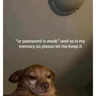 This relatable meme features a weary, teary-eyed chihuahua with a resigned, defeated expression positioned in the lower half of the frame, with a smoke detector visible on the ceiling above it. Overlaid text reads '"ur password is weak" well so is my memory so please let me keep it', which acts as the user's humorous, sarcastic response to overly strict IT password complexity requirements that force users to create hard-to-remember passwords. The dog's tired expression perfectly conveys the universal frustration of dealing with unnecessarily complicated password rules that conflict with most people's limited ability to remember dozens of unique complex login details.
