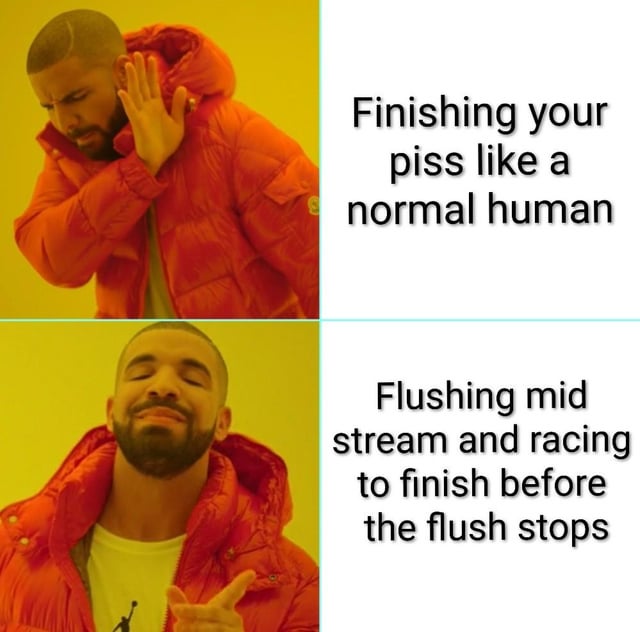 This is a two-panel Drake preference meme, a popular format where the top panel shows rapper Drake rejecting a normal option, while the bottom panel shows him approving a quirkier alternative. In this meme, the rejected option is finishing urination like a normal person, while the approved quirky habit is flushing mid-stream and rushing to finish urinating before the toilet flush stops. The meme jokes about a common relatable bathroom habit that many men have done.
