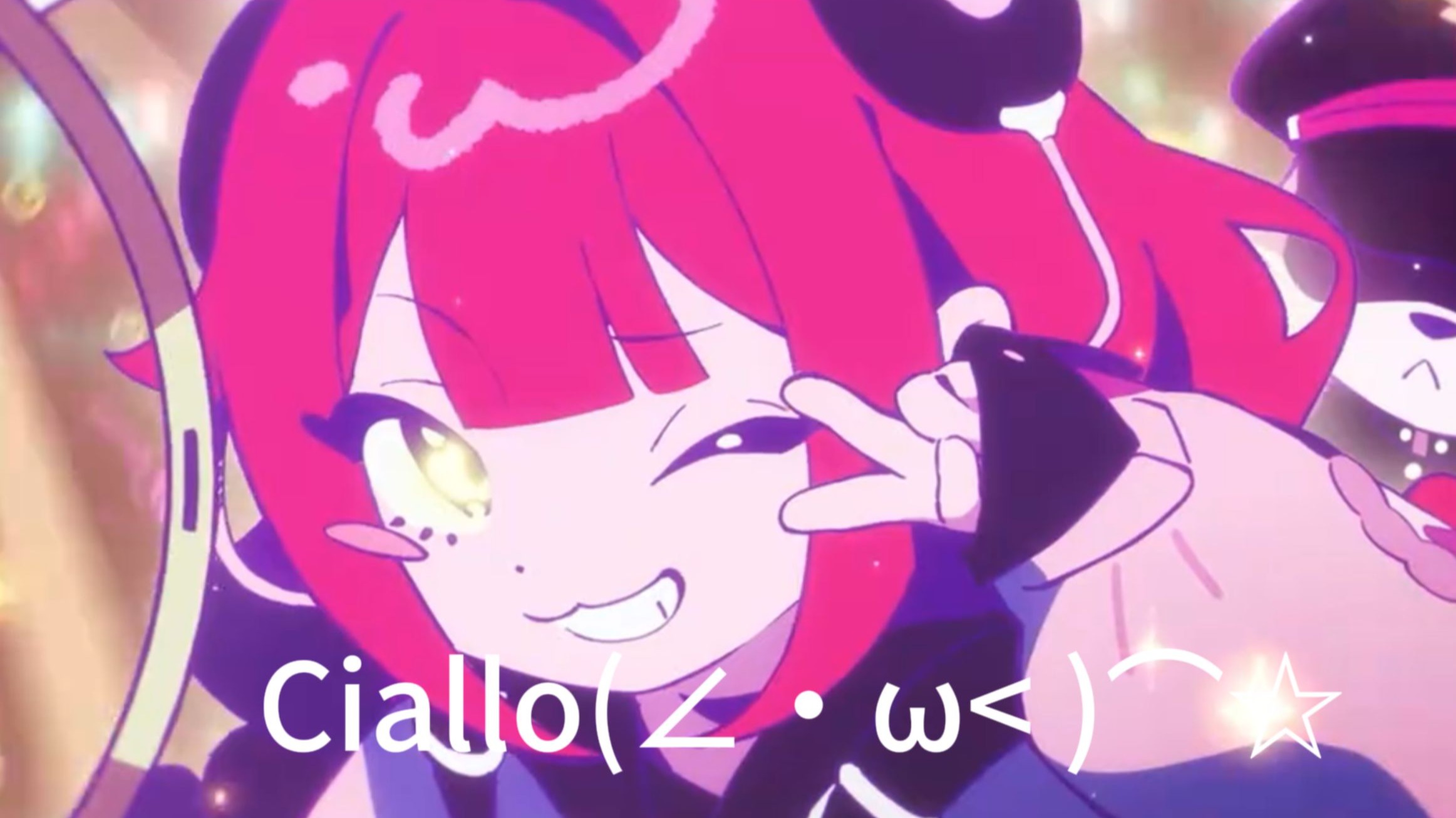 This meme is a playful remix combining the popular ACG greeting 'Ciallo! (∠・ω< )⌒★' with a character from the Yuzusoft visual novel *Senren Banka (千恋*万花)*. The character Murasame, with bright red hair, winks cheerfully while making a peace sign, paired with the iconic Ciallo text and emoticon. The Ciallo phrase originated from Yuzusoft's 2016 visual novel *Witch's Night Festival (魔女的夜宴)* as the cute catchphrase of protagonist Inaba Yui, later evolving into a widespread greeting in global ACG circles, even gaining traction in Chinese internet due to its accidental similarity to the Jiangxi dialect phrase for 'ate'.