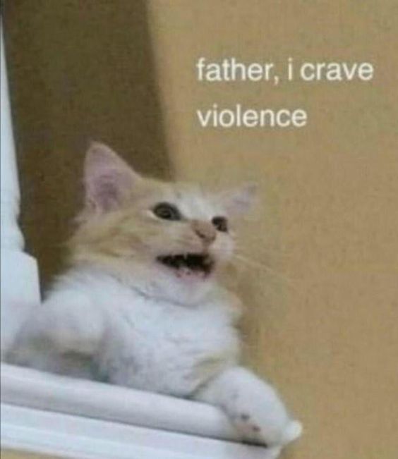 This meme features a fluffy orange and white kitten peeking over a white ledge, with its mouth wide open as if speaking intensely while looking upwards. White text overlaid on the plain tan wall background reads 'father, i crave violence'. The comedic effect comes from the jarring, absurd contrast between the kitten's cute, innocent appearance and the overly aggressive, dramatic line of dialogue attributed to it.