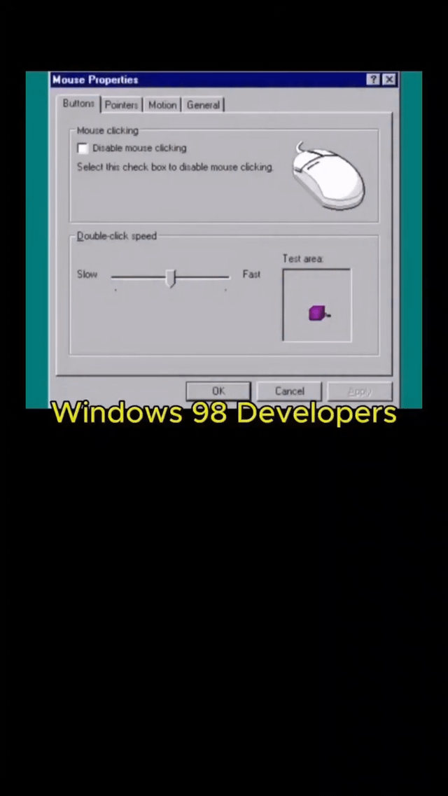 This meme displays a screenshot of the old Mouse Properties settings window from the Windows 98 operating system. The joke targets the unintuitive, self-defeating user experience design of the option 'Disable mouse clicking': if you check this checkbox to disable all mouse clicking, you would no longer be able to click the OK or Apply button to save your setting change, trapping you in the settings menu. The yellow text overlay at the bottom labels this confusing design as something the Windows 98 developers created, poking fun at this bad UX decision.