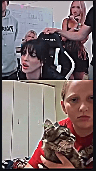 This is a two-panel vertical reaction meme. The top panel depicts a dark-haired woman with an exaggerated shocked, open-mouthed expression, surrounded by other people in a setting that appears to be a public streaming or event space, reacting to something outside the frame. The bottom panel cuts to a young man wearing a red shirt holding a tabby cat; both the man and the cat have completely deadpan, unimpressed, blank expressions directed at the viewer, framed as a far more impactful, understated clapback response to the over-the-top reaction shown in the top panel, living up to the title of returning the reaction '1000x' stronger.