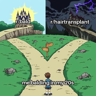 This is a two-path choice meme template showing a young cartoon man standing at a fork in a dirt road, labeled 'me balding in my 20s'. The left path leads to a bright, sunlit, inviting castle marked with the Reddit community r/bald, a space for people embracing baldness. The right path leads to a dark, stormy, menacing haunted castle marked with the Reddit community r/hairtransplant, a space for people pursuing hair restoration procedures. The humor comes from framing accepting baldness as the far more pleasant, low-stakes choice while hair transplant is presented as a scary, intimidating option, reflecting the relatable stress of dealing with premature hair loss in young adulthood.
