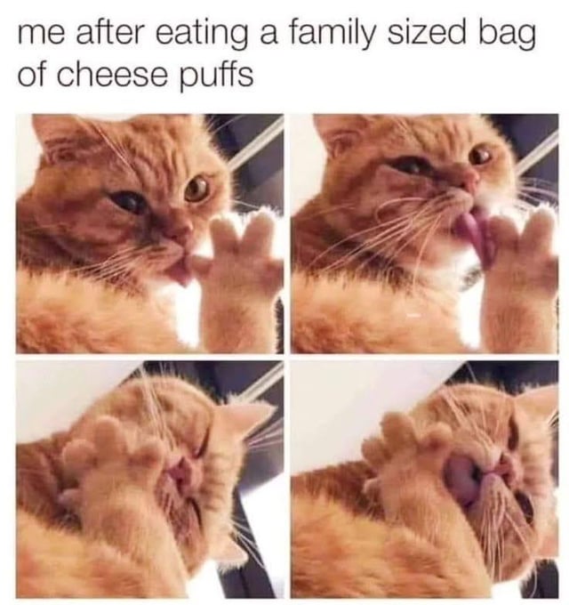 This is a 4-panel relatable comedy meme. The text at the top reads 'me after eating a family sized bag of cheese puffs'. Each sequential panel shows an orange tabby cat licking residue off its paw, progressing to rubbing its face with the paw while looking dazed and messy. The meme humorously portrays the common relatable experience of overeating a large portion of savory snack food, then cleaning leftover powder residue from your hands and face after finishing.