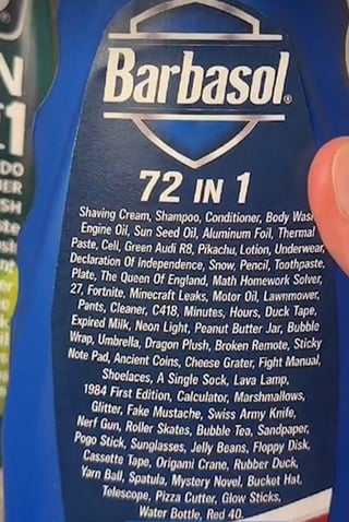 This is a humorous edited meme of a Barbasol shaving cream can label. Parodying the common trope of overstated all-in-one multiuse personal care products, the label jokes that the single can functions as 72 completely unrelated items, ranging from ordinary personal care goods (shaving cream, shampoo, toothpaste) to absurd, entirely unrelated objects and concepts including a Green Audi R8, Pikachu, the US Declaration of Independence, Minecraft leaks, expired milk, a rubber duck, and a floppy disk, presented as a silly novelty birthday gift idea for fathers.