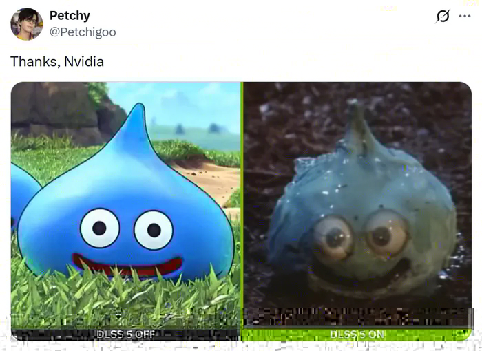This is a viral side-by-side comparison meme that follows the 'DLSS 5 On' format created after Nvidia announced DLSS 5 at GTC 2026. The left panel shows the original clean, stylized version of the Dragon Quest Slime character resting on grass, labeled 'DLSS 5 OFF'. The right panel shows an uncannily hyper-realistic, wet realistic version of the same slime in dark water, labeled 'DLSS 5 ON'. The accompanying tweet text 'Thanks, Nvidia' sarcastically mocks how DLSS 5's generative AI upscaling drastically over-alters original stylized art into unsettling, hyper-realistic 'AI slop' that loses the original art's charm. The meme satirizes AI overreach in graphics and creative fields.