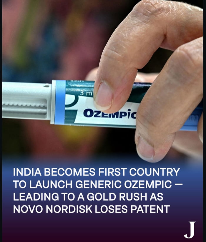 This meme features a close-up photograph of a human hand holding an Ozempic injection pen, with overlaid text reporting that India became the first country to launch a generic version of the popular diabetes and weight loss drug Ozempic after original manufacturer Novo Nordisk lost its patent on the drug, leading to a surge in demand. The title 'Checkmate, Muricaaa' frames this as a satirical jab at high pharmaceutical drug prices in the United States, which is colloquially referred to as 'Murica' in internet slang, referencing how long-held pharmaceutical patents keep cheaper generic alternatives off the US market.